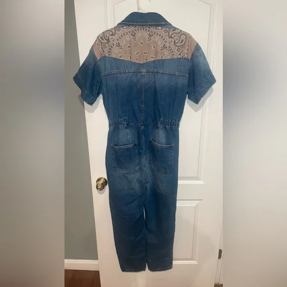 New! Free People x Tricia Fix Tan Bandana Patchwork Blue Denim Jumpsuit💙 Medium - Picture 12 of 13